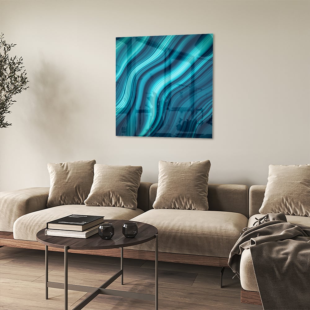 Stilvolles Glasbild mit blauen Wellen – Glasbild aus Sicherheitsglas, Größe 90x90_rond