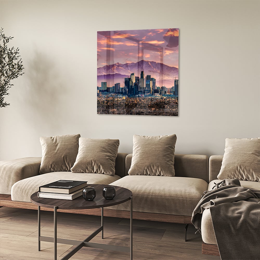 Glasbild Stadtpanorama bei Sonnenuntergang – Glasbild aus Sicherheitsglas, Größe 90x90_rond