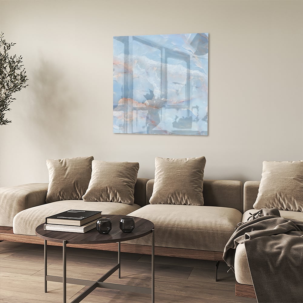 Abstraktes Glasbild in sanften Blautönen – Glasbild aus Sicherheitsglas, Größe 90x90_rond