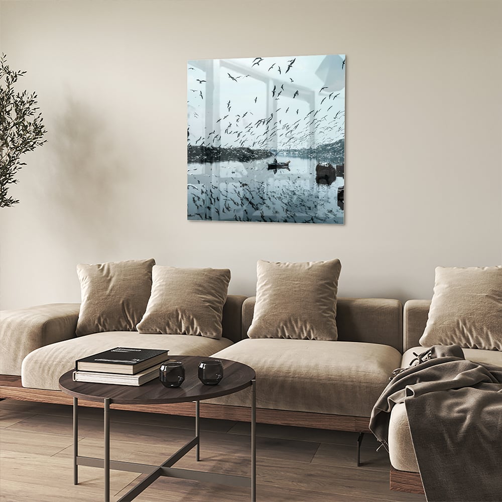 Glasbild mit Vögeln über einer ruhigen Wasserreflexion – Glasbild aus Sicherheitsglas, Größe 90x90_rond