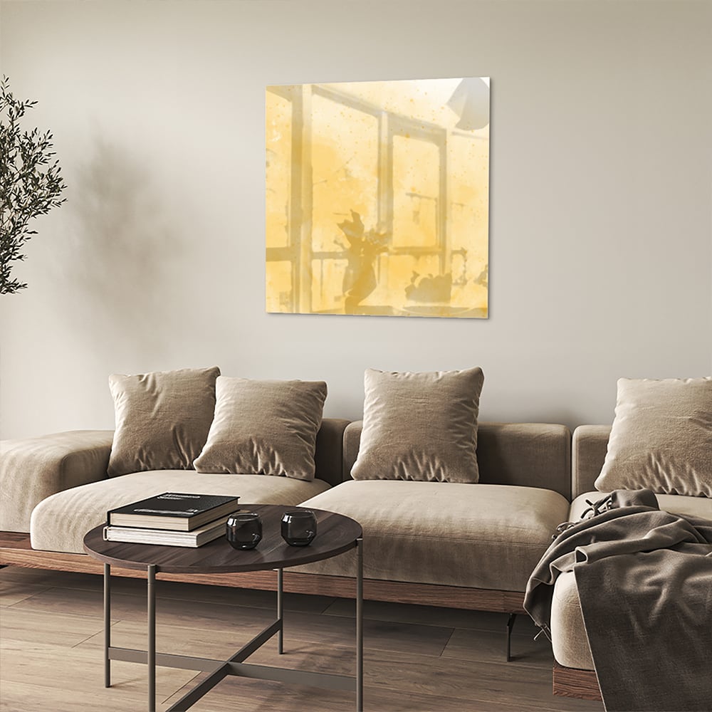 Goldenes abstraktes Glasbild für moderne Innenräume – Glasbild aus Sicherheitsglas, Größe 90x90_rond