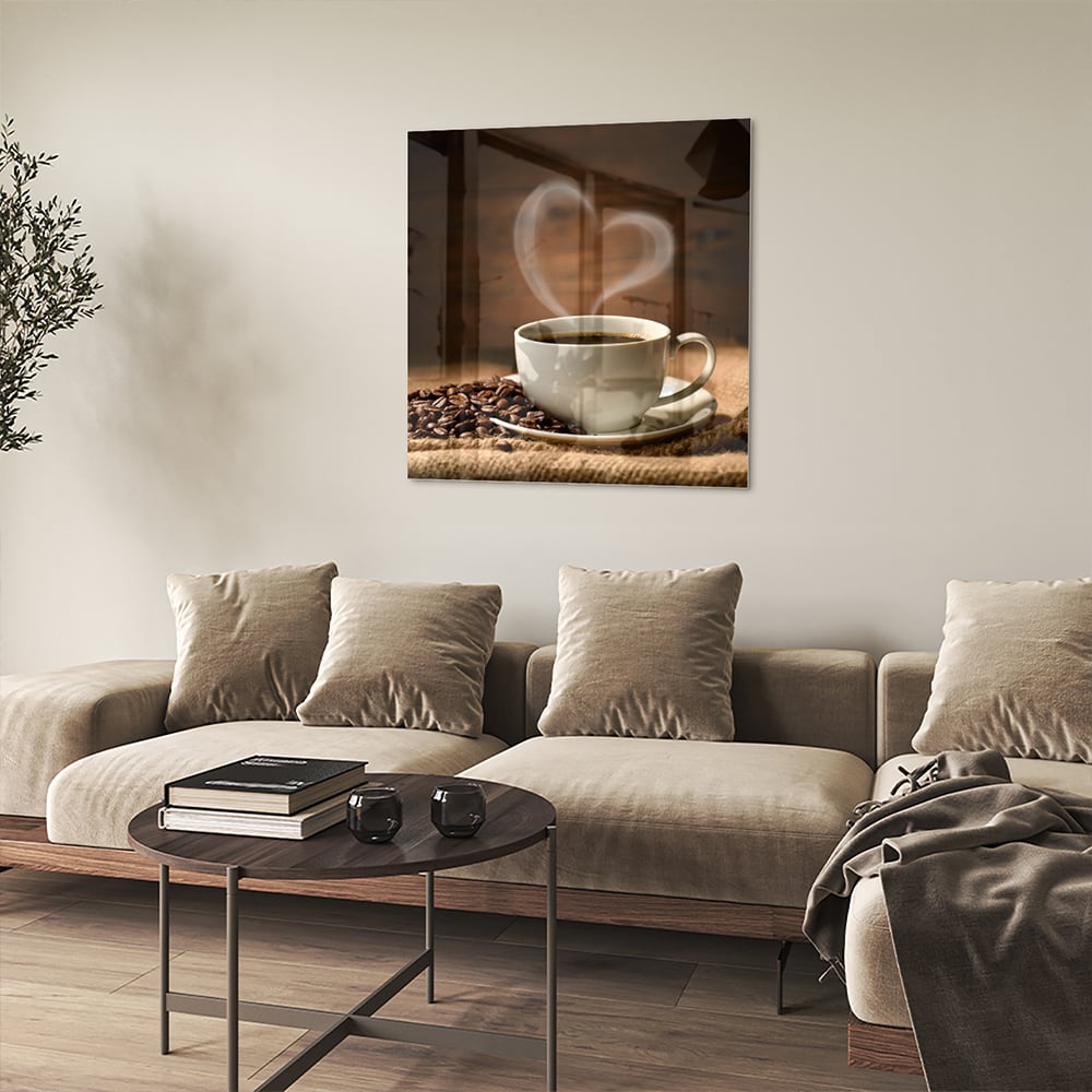 Glasbild mit Kaffee und Kaffeebohnen – Glasbild aus Sicherheitsglas, Größe 90x90_rond