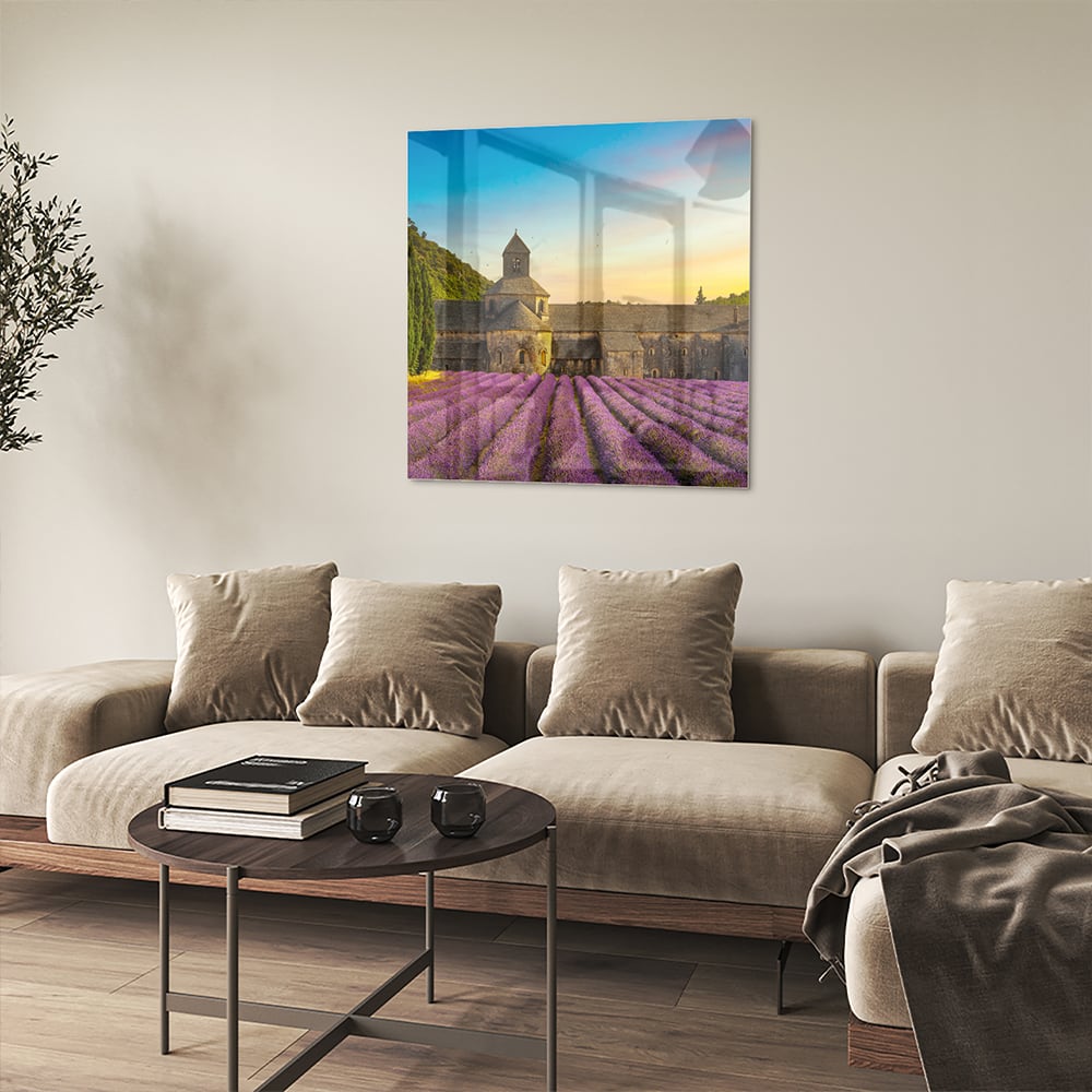 Wunderschönes Glasbild mit Lavendelfeldern – Glasbild aus Sicherheitsglas, Größe 90x90_rond