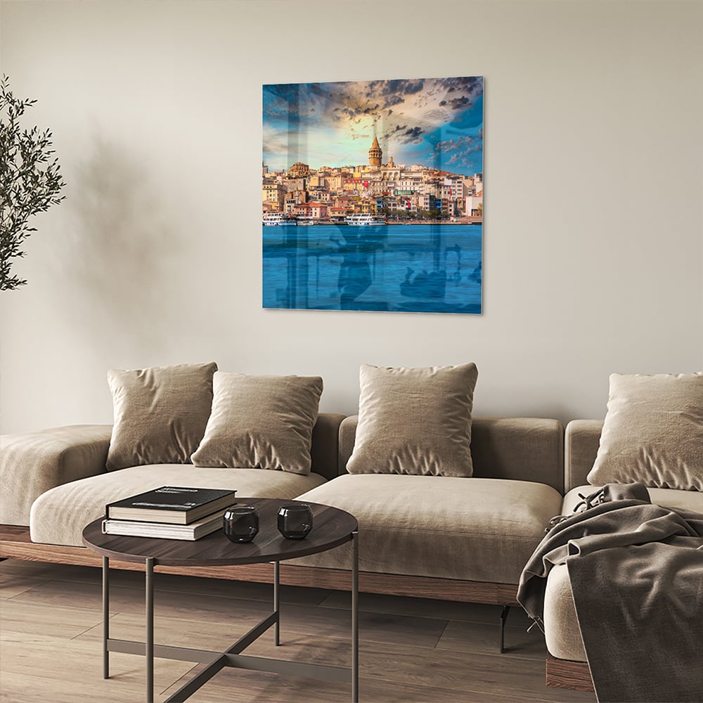 Glasbild – Stadt am See – Glasbild aus Sicherheitsglas, Größe 90x90_rond