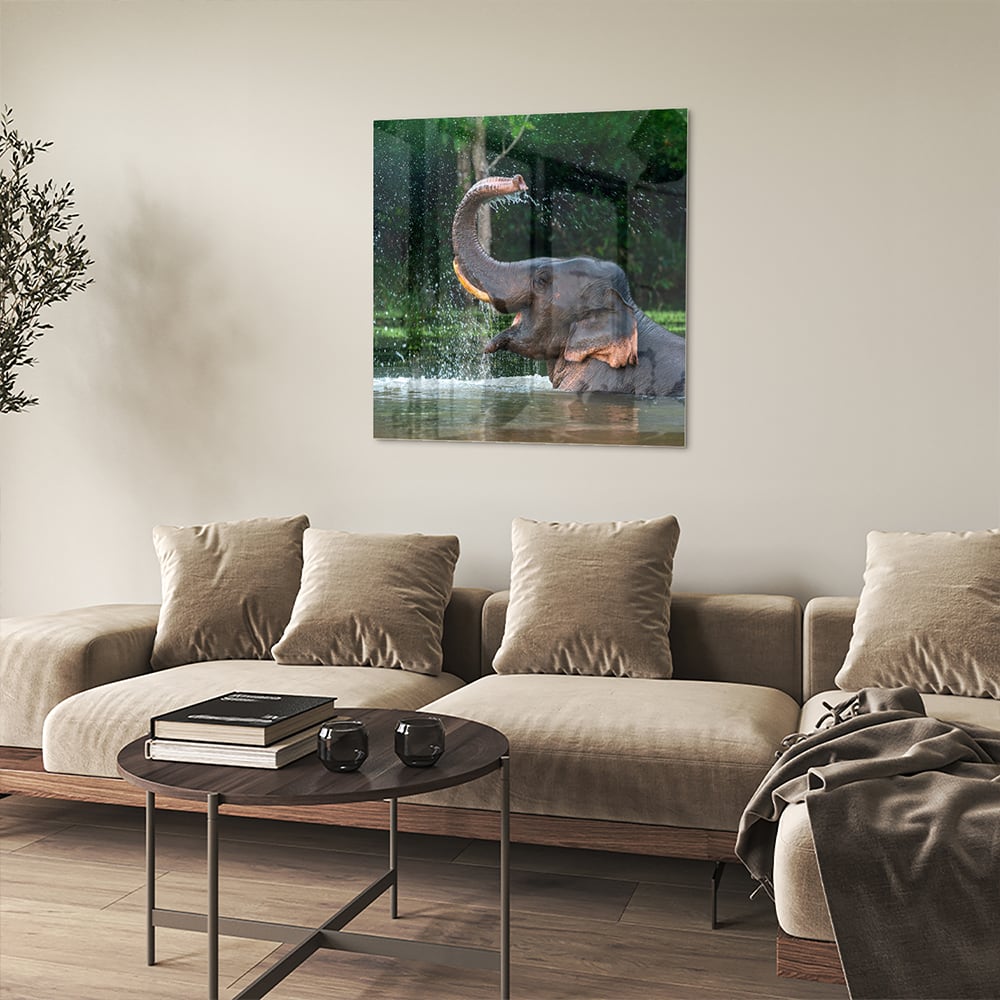 Wunderschönes Glasbild mit einem Elefanten im Wasser – Glasbild aus Sicherheitsglas, Größe 90x90_rond