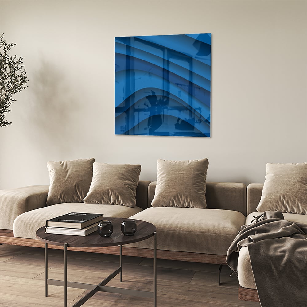 Modernes Glasbild in verschiedenen Blautönen – Glasbild aus Sicherheitsglas, Größe 90x90_rond