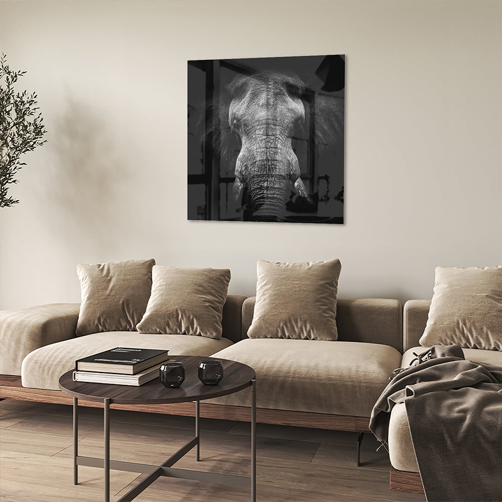 Beeindruckendes Glasbild mit einem Elefanten – Glasbild aus Sicherheitsglas, Größe 90x90_rond