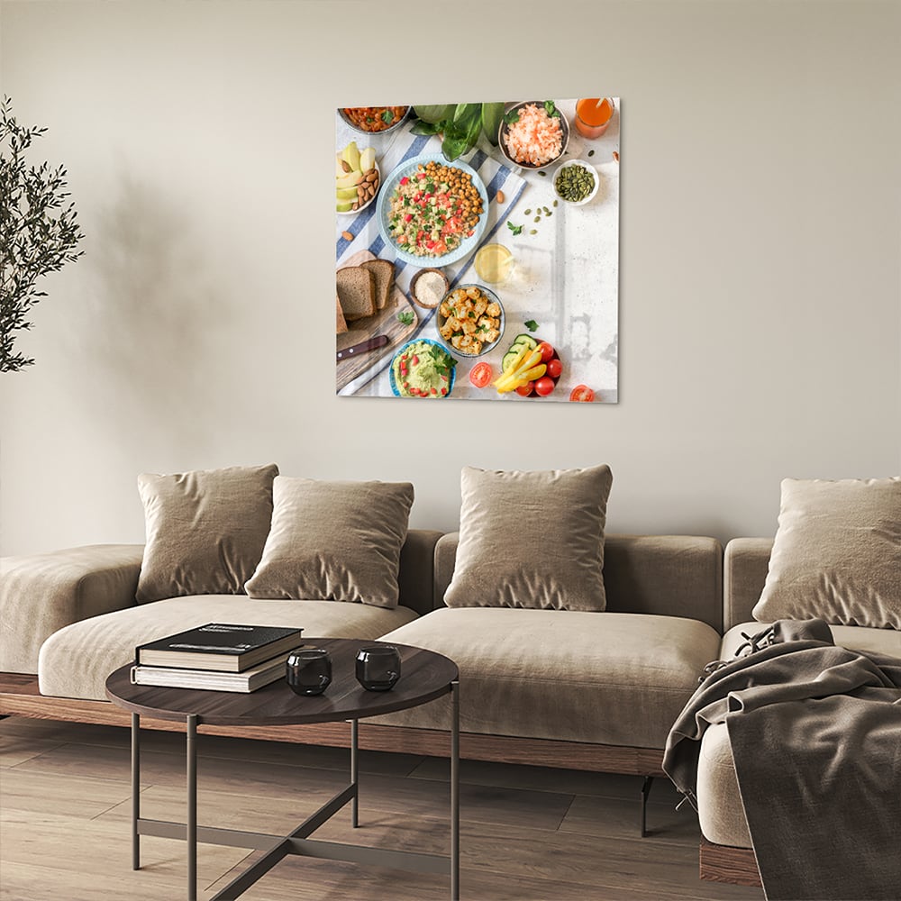 Farbenfrohes Glasbild mit frischen Speisen – Glasbild aus Sicherheitsglas, Größe 90x90_rond