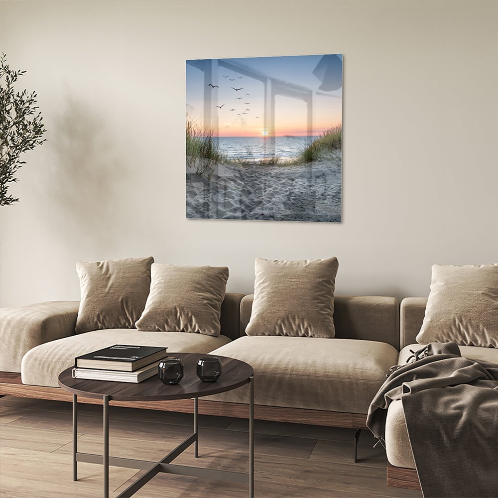 Glasbild mit ruhigem Sonnenuntergang am See – Glasbild aus Sicherheitsglas, Größe 90x90_rond