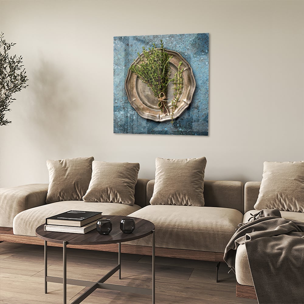 Glasbild mit Grünpflanze in einer antiken Schale – Glasbild aus Sicherheitsglas, Größe 90x90_rond