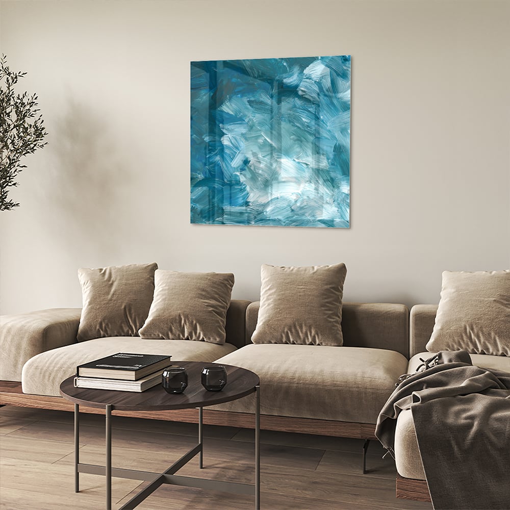 Abstraktes Glasbild in harmonischen Blautönen – Glasbild aus Sicherheitsglas, Größe 90x90_rond