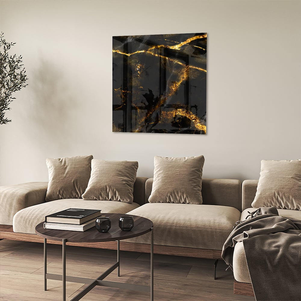 Glasbild mit schwarzem und goldenem Marmordesign – Glasbild aus Sicherheitsglas, Größe 90x90_rond