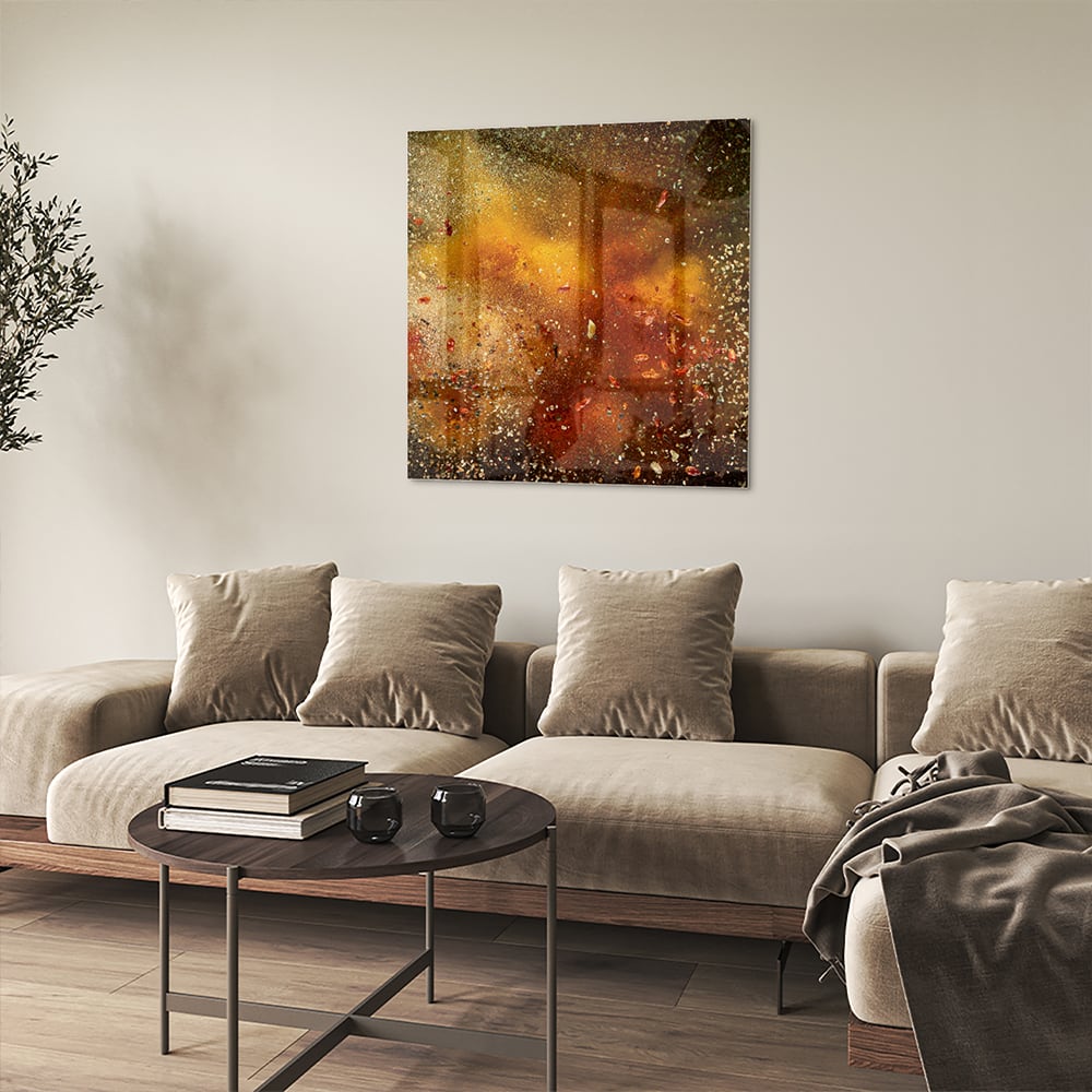 Abstraktes Glasbild mit warmen Farben – Glasbild aus Sicherheitsglas, Größe 90x90_rond