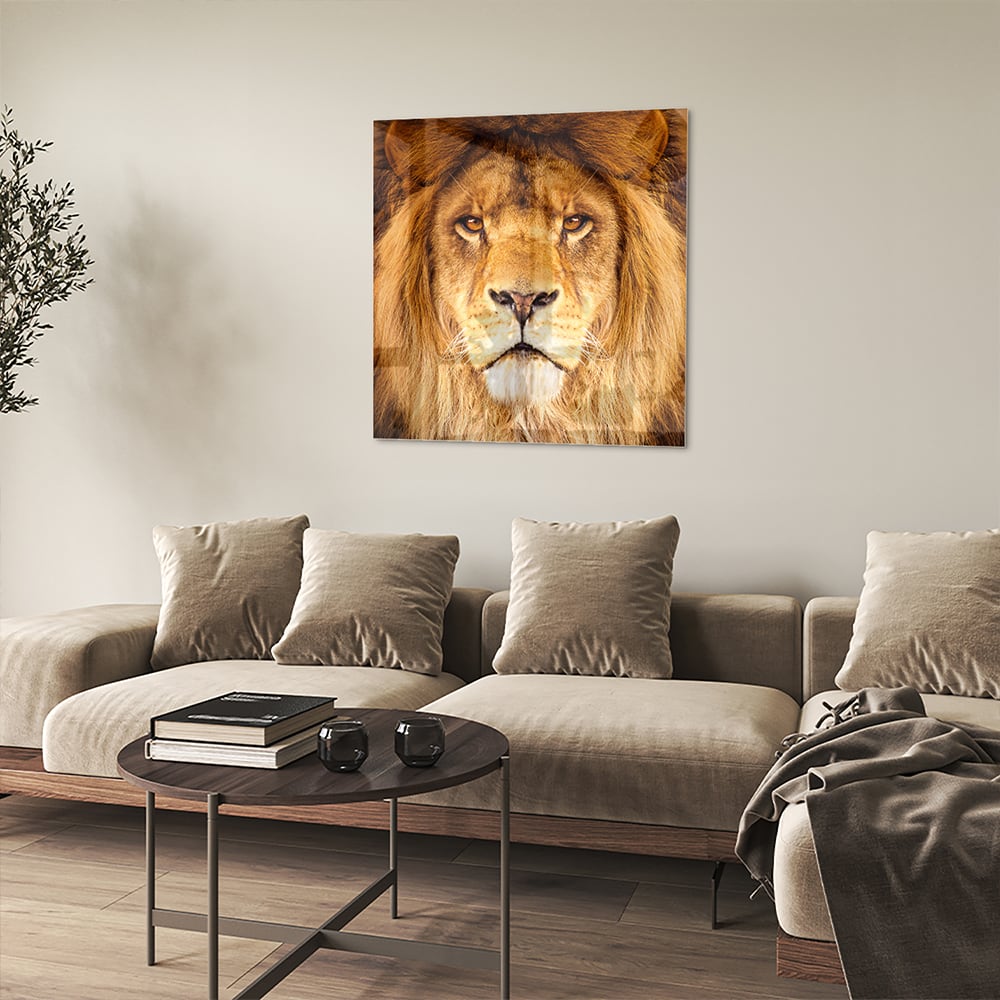 Glasbild mit majestätischem Löwen für Ihr Interieur – Glasbild aus Sicherheitsglas, Größe 90x90_rond