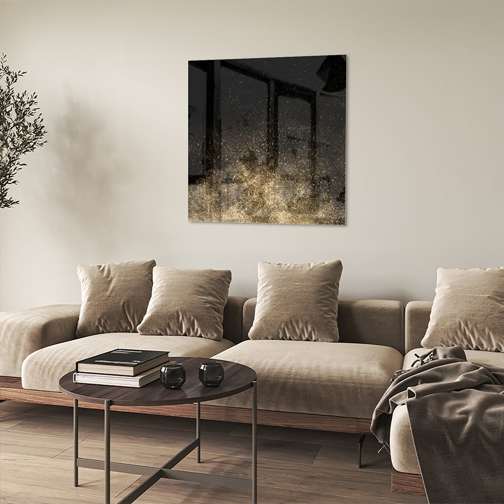 Stilvolles Glasbild mit schwarzen und goldenen Akzenten – Glasbild aus Sicherheitsglas, Größe 90x90_rond