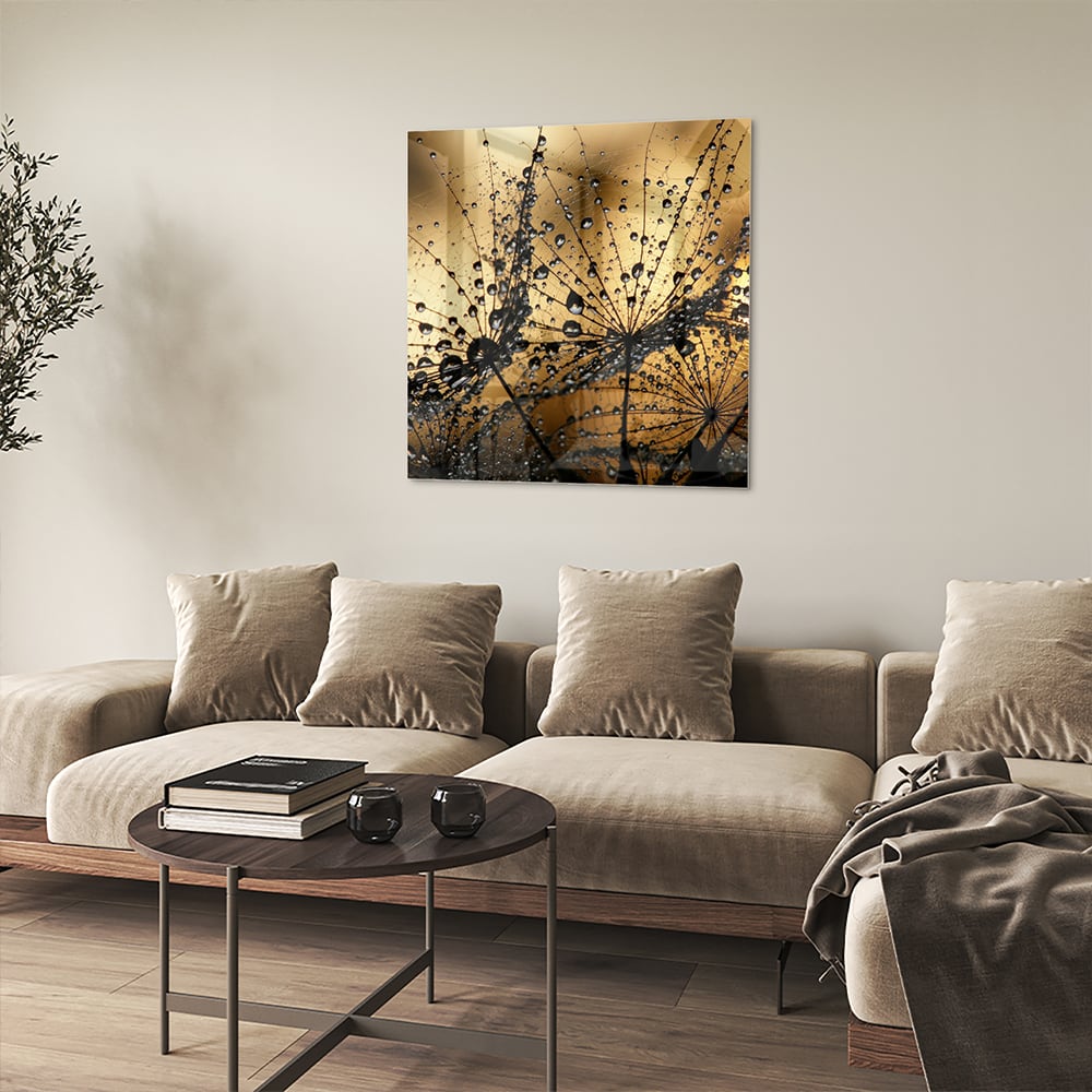 Glasbild mit goldenen Wassertropfen – Glasbild aus Sicherheitsglas, Größe 90x90_rond