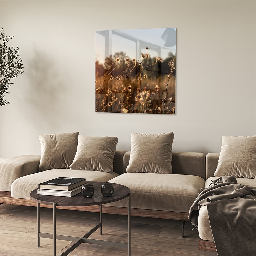 Zauberhaftes Glasbild mit goldenem Sonnenuntergang – Glasbild aus Sicherheitsglas, Größe 90x90_rond