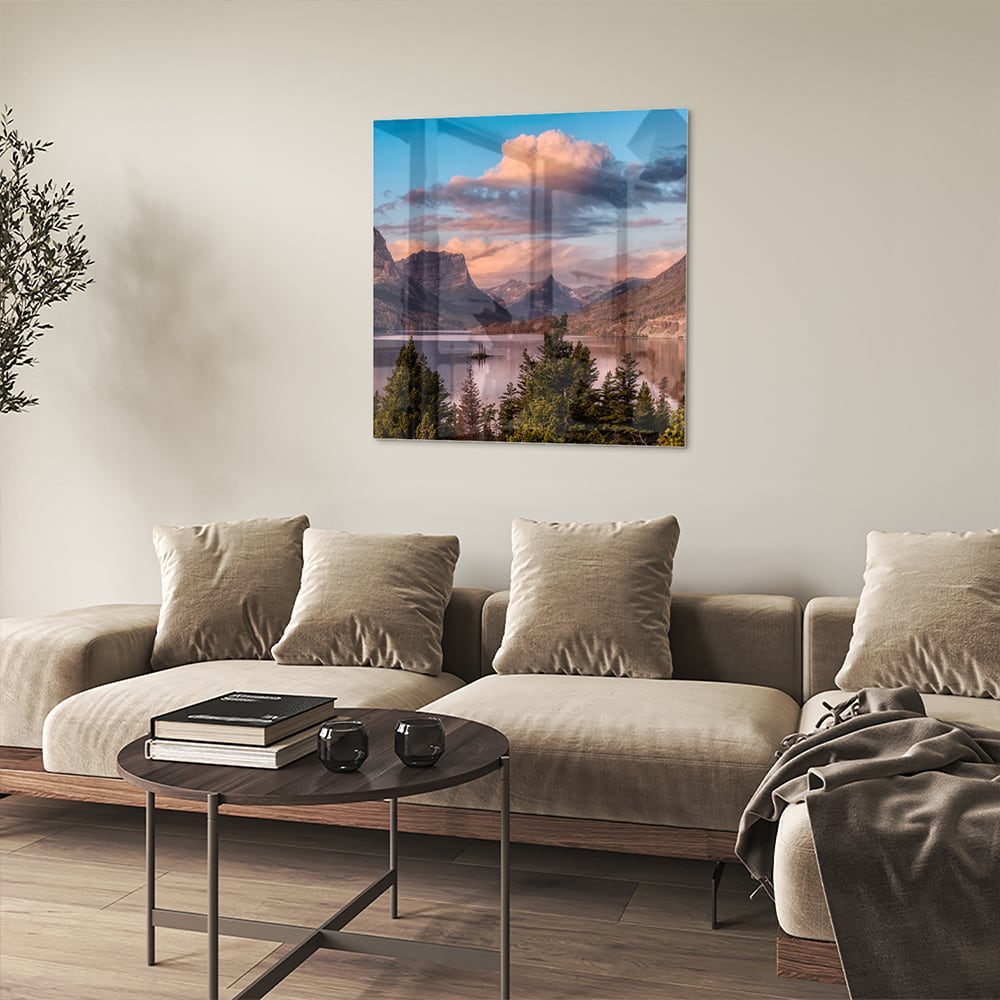 Glasbild mit Bergen bei Sonnenaufgang – Glasbild aus Sicherheitsglas, Größe 90x90_rond