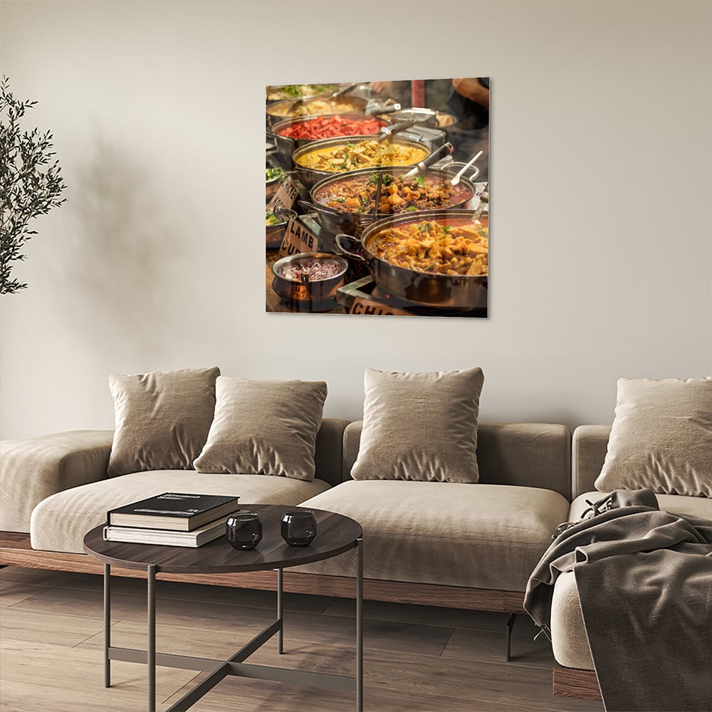 Farbenfrohes Glasbild mit indischem Essen – Glasbild aus Sicherheitsglas, Größe 90x90_rond