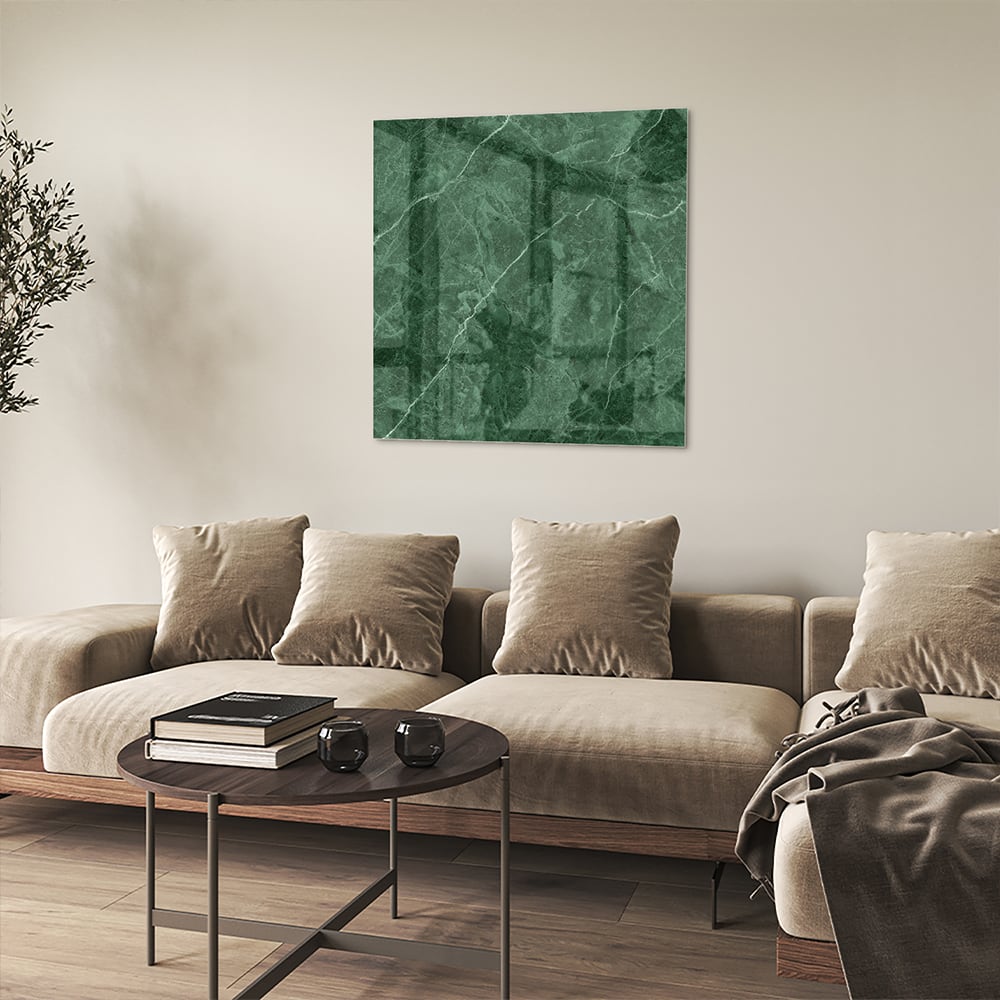 Grünes Glasbild mit Marmoroptik – Glasbild aus Sicherheitsglas, Größe 90x90_rond