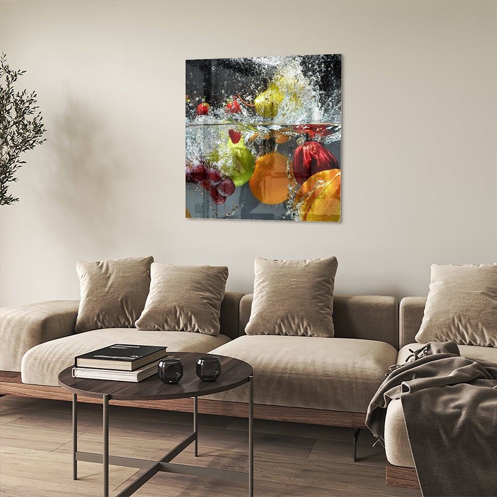 Leuchtendes Glasbild mit Früchten und Wassertropfen – Glasbild aus Sicherheitsglas, Größe 90x90_rond