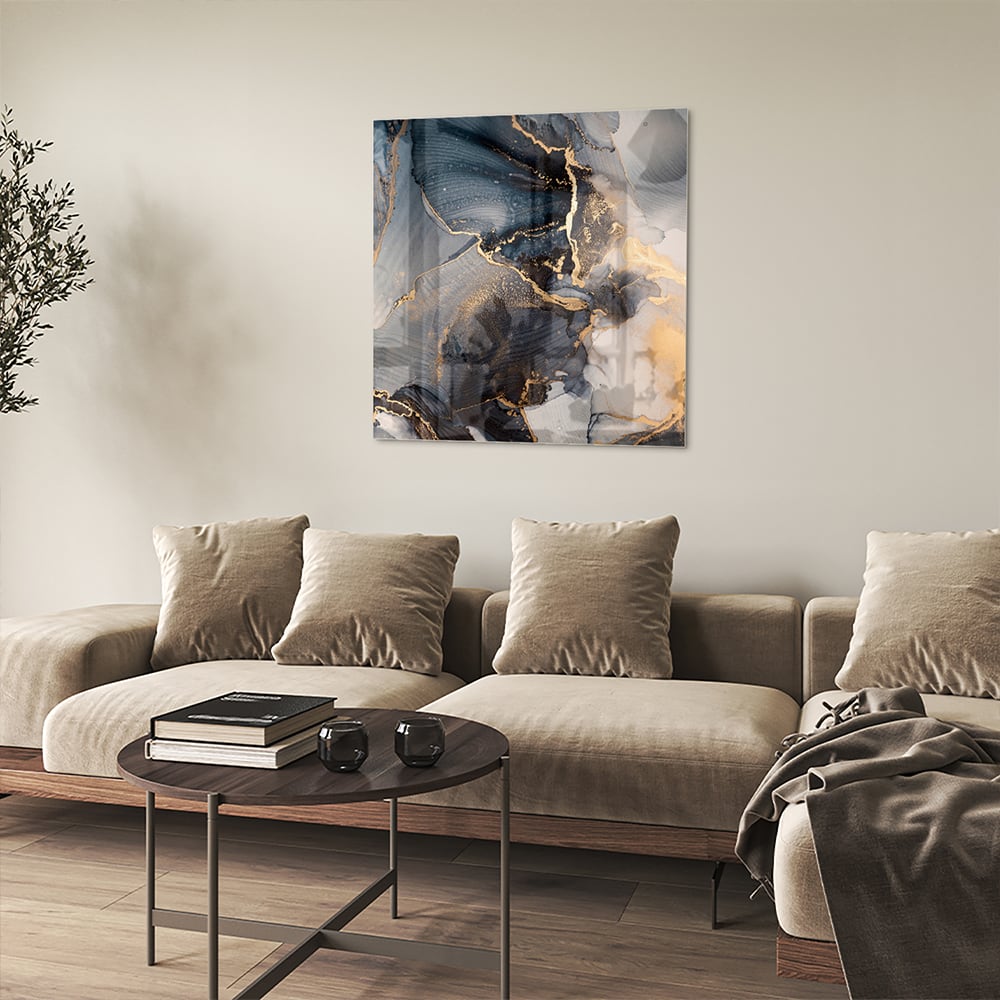 Elegantes Glasbild mit Blau und Gold – Glasbild aus Sicherheitsglas, Größe 90x90_rond