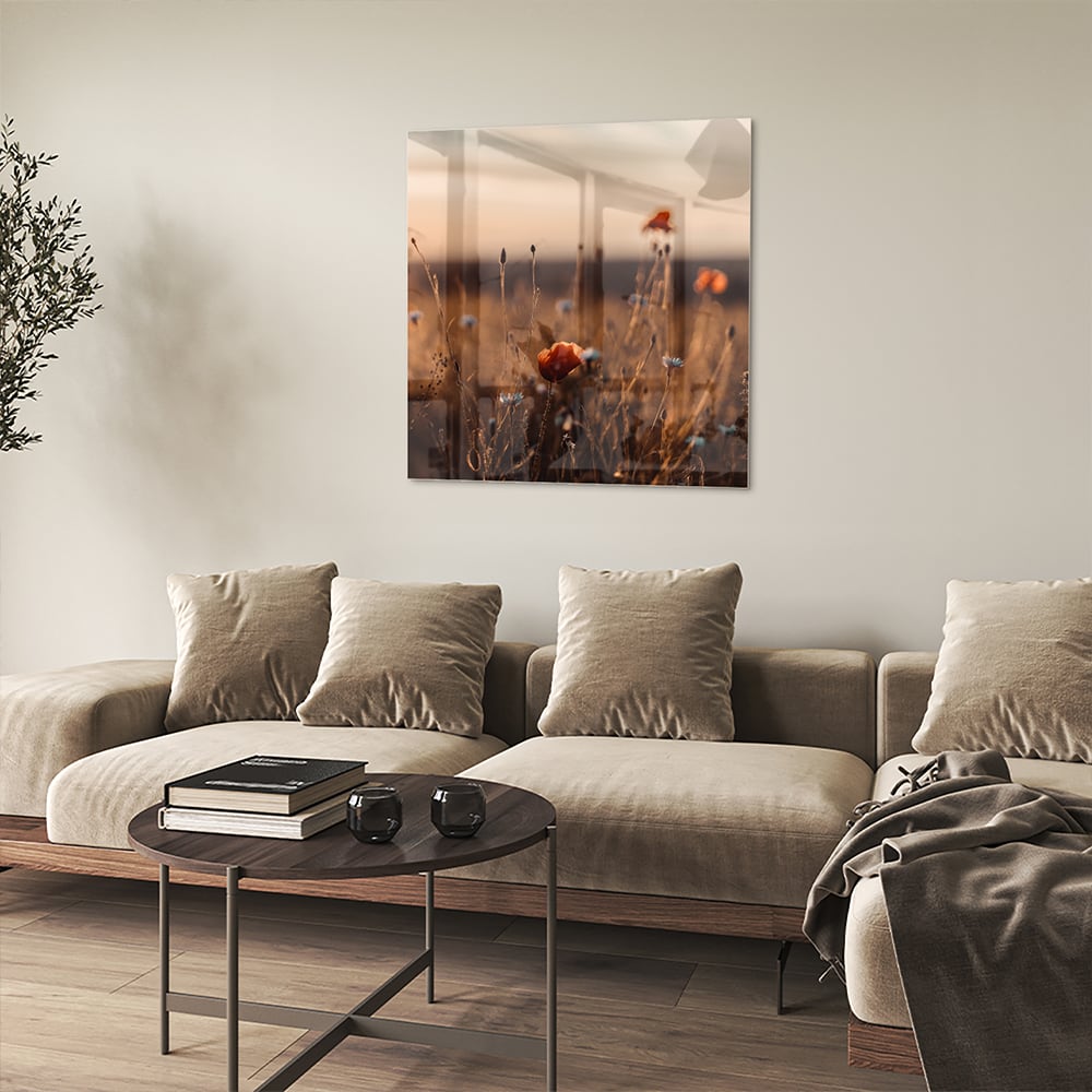 Glasbild – Mohnfeld in sanftem Glanz – Glasbild aus Sicherheitsglas, Größe 90x90_rond