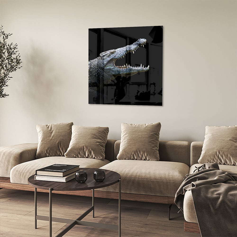 Beeindruckendes Glasbild mit einem Krokodil – Glasbild aus Sicherheitsglas, Größe 90x90_rond