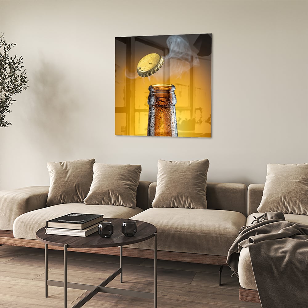 Glasbild mit aufsteigender Flasche und Verschluss – Glasbild aus Sicherheitsglas, Größe 90x90_rond