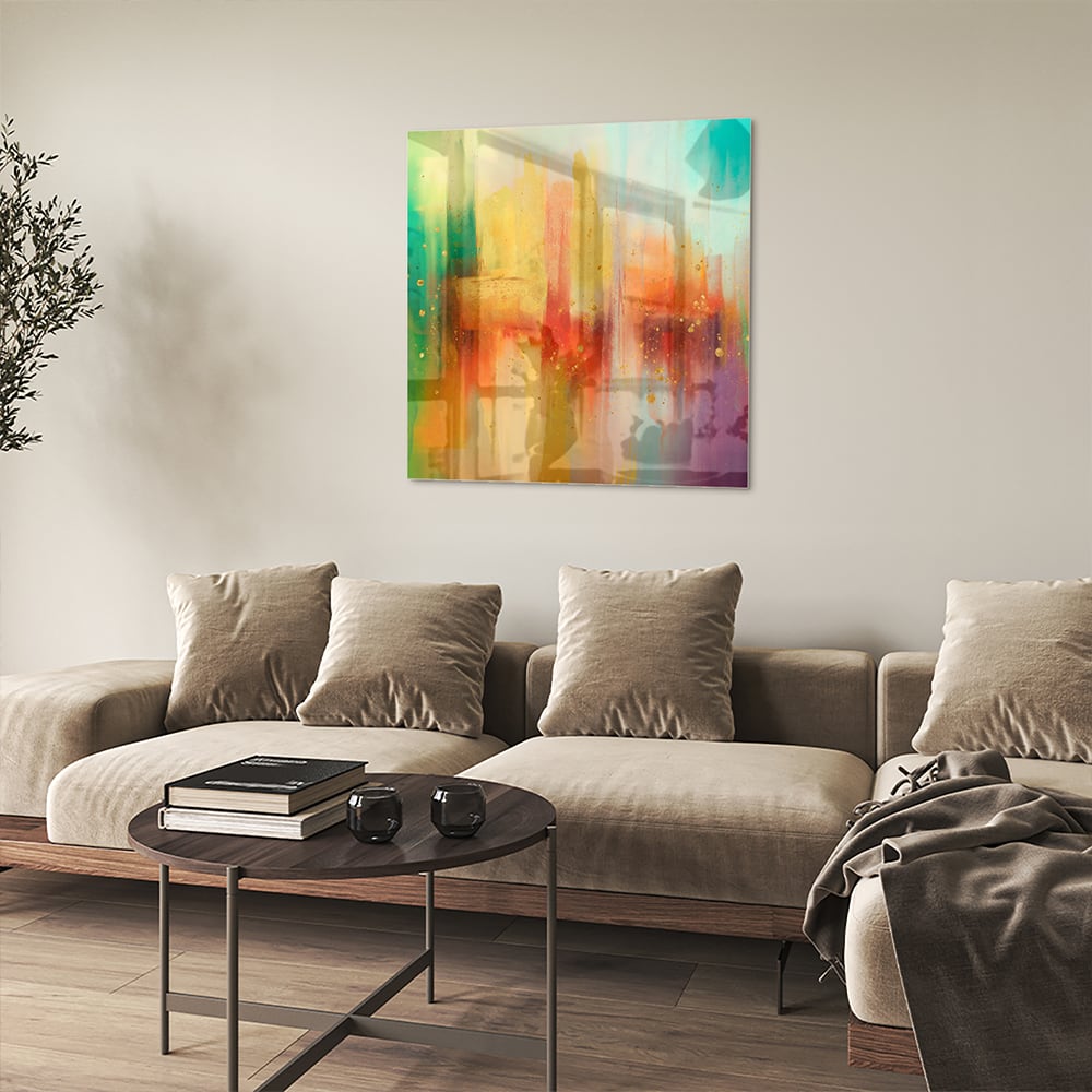 Farbenfrohes Glasbild mit abstrakten Formen – Glasbild aus Sicherheitsglas, Größe 90x90_rond
