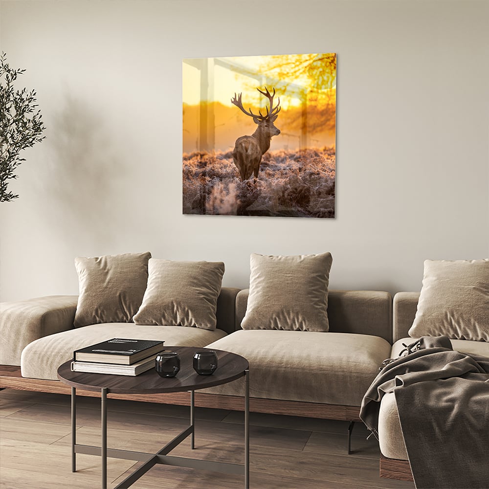 Glasbild mit einem Hirsch in der aufgehenden Sonne – Glasbild aus Sicherheitsglas, Größe 90x90_rond