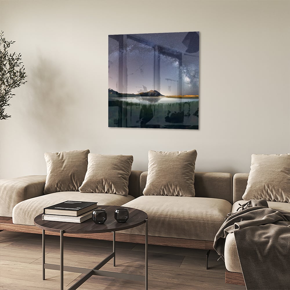 Glasbild: Sternenhimmel und Berge – Glasbild aus Sicherheitsglas, Größe 90x90_rond