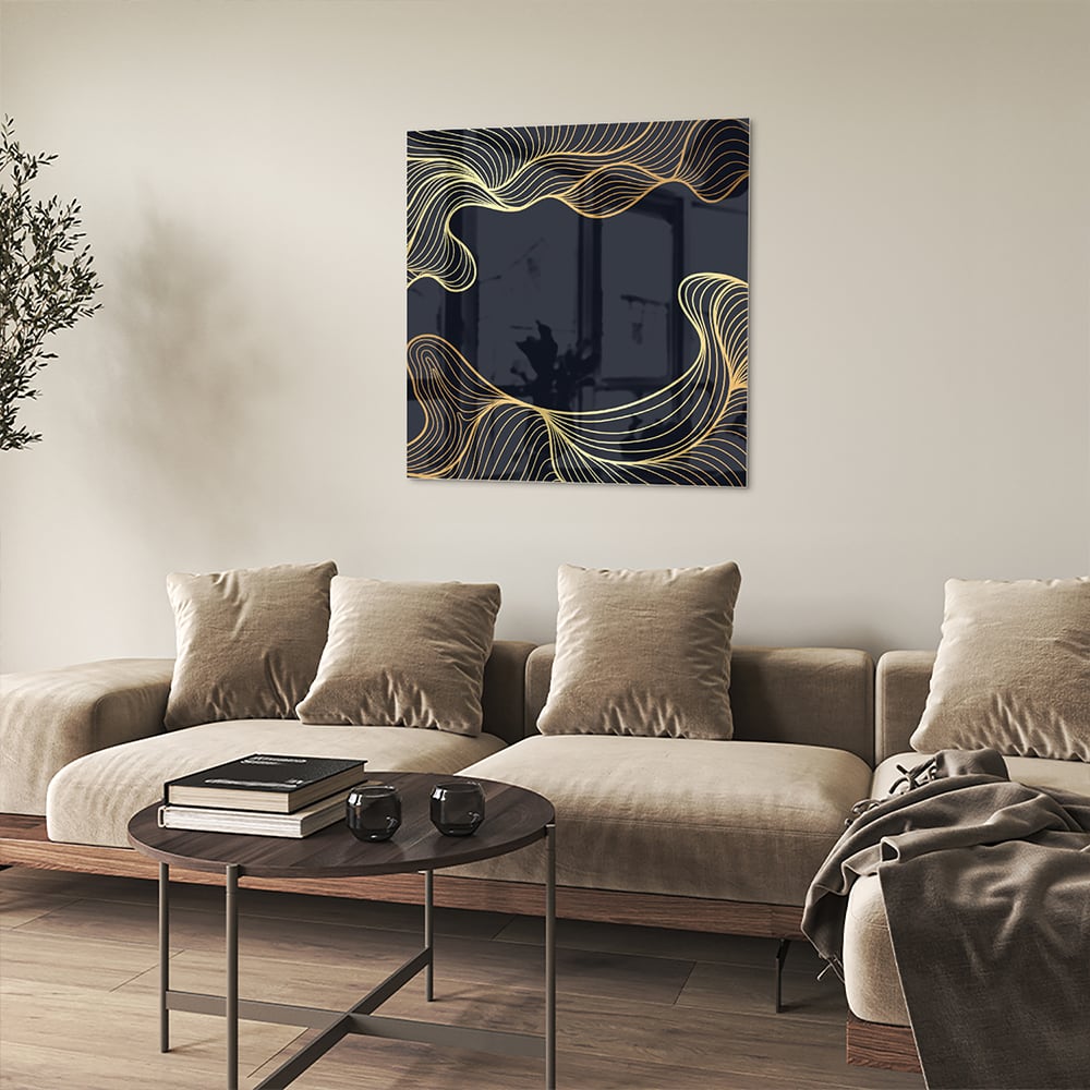 Elegantes Glasbild mit goldenen Linien auf dunkelblauem Hintergrund – Glasbild aus Sicherheitsglas, Größe 90x90_rond