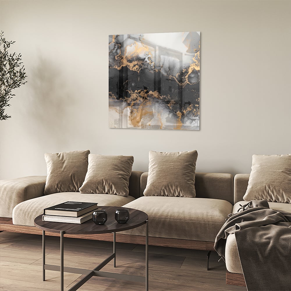 Elegantes Glasbild mit Gold und Schwarz – Glasbild aus Sicherheitsglas, Größe 90x90_rond