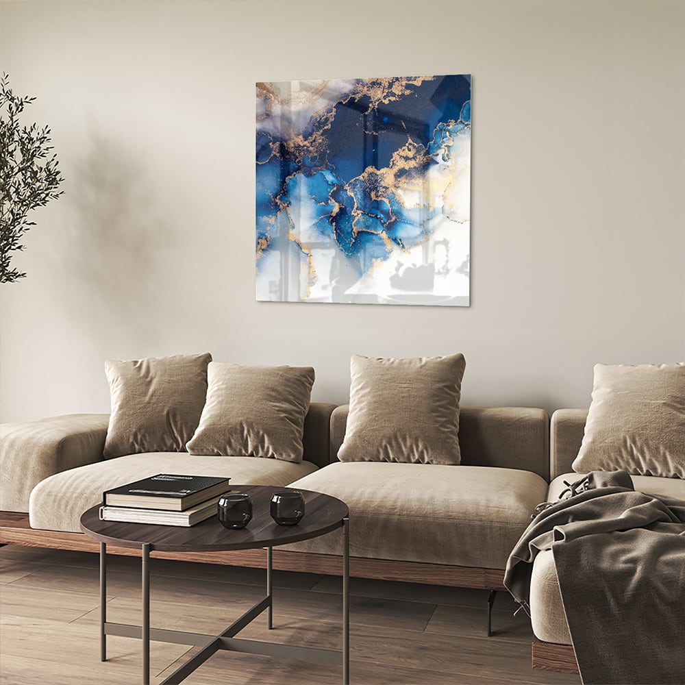 Mehrschichtiges Glasbild in Blau und Gold – Glasbild aus Sicherheitsglas, Größe 90x90_rond