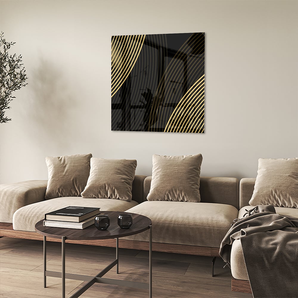 Geradliniges Glasbild mit goldenen Linien – Glasbild aus Sicherheitsglas, Größe 90x90_rond