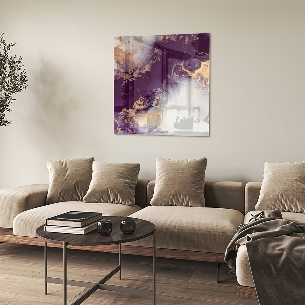 Violettes Glasbild mit goldenen Akzenten – Glasbild aus Sicherheitsglas, Größe 90x90_rond