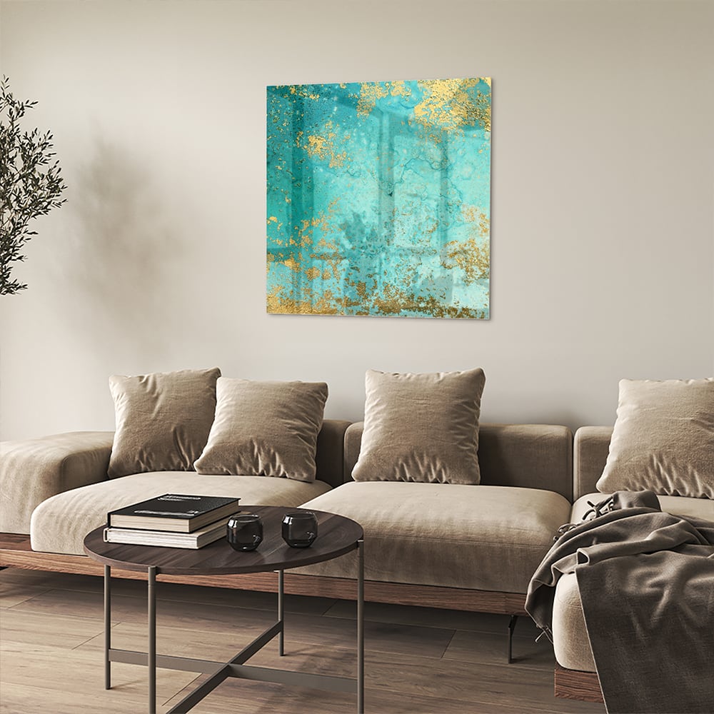 Glasbild mit goldenen Akzenten auf Türkis – Glasbild aus Sicherheitsglas, Größe 90x90_rond