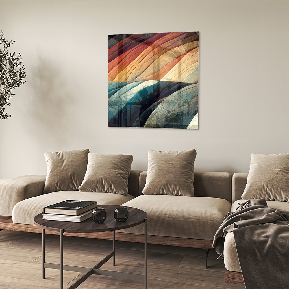 Abstraktes Glasbild mit farbenfrohen Wellen – Glasbild aus Sicherheitsglas, Größe 90x90_rond