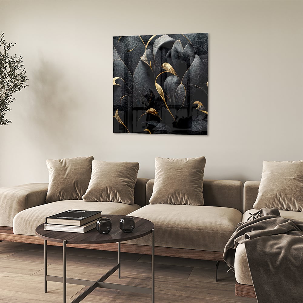 Elegantes Glasbild mit goldenen Blättern – Glasbild aus Sicherheitsglas, Größe 90x90_rond
