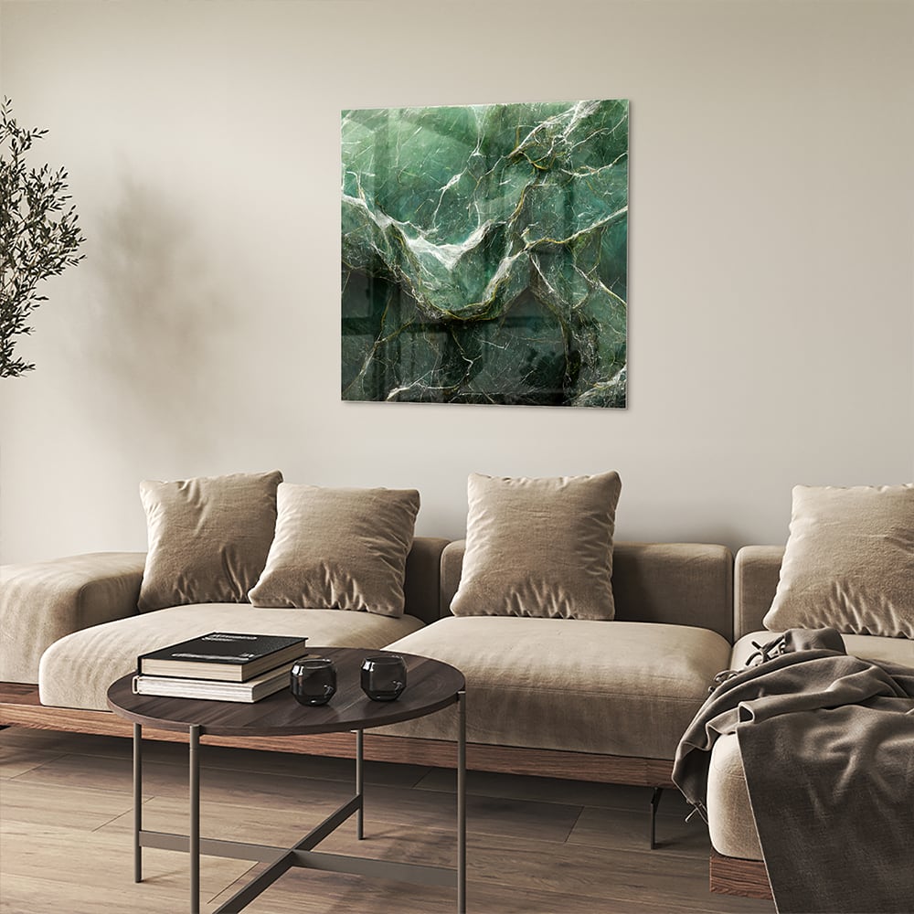 Glasbild mit grüner Marmoroptik – Glasbild aus Sicherheitsglas, Größe 90x90_rond