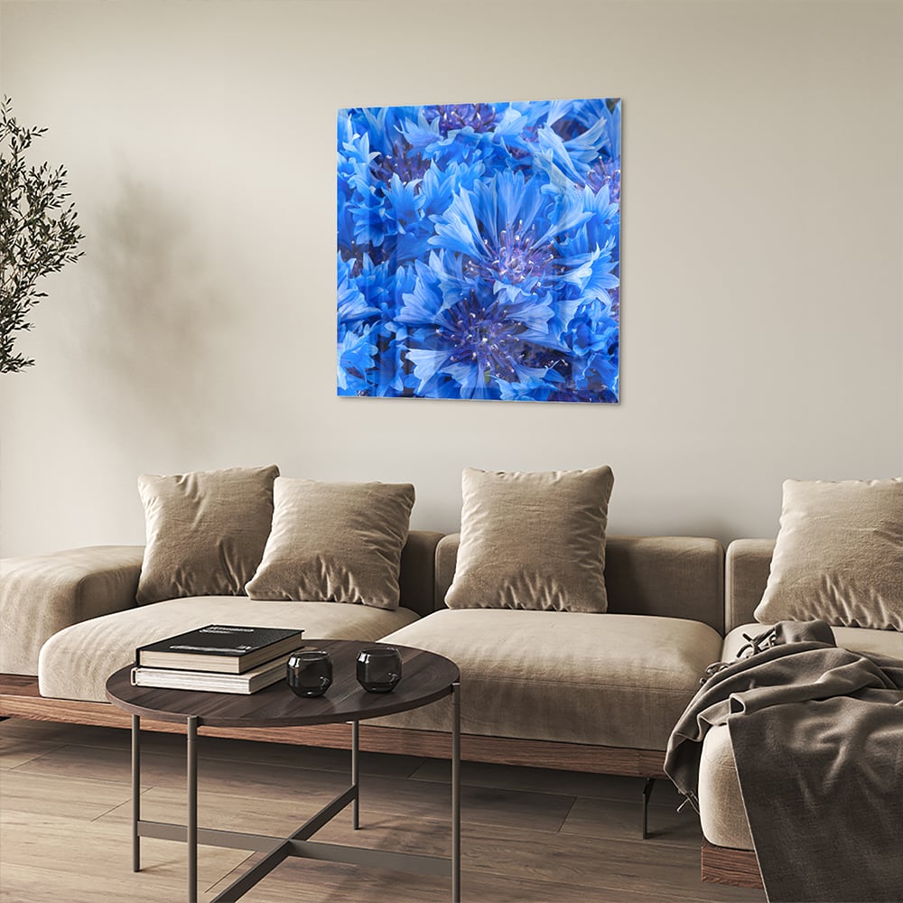 Blaues Glasbild mit Blumenmotiv – Glasbild aus Sicherheitsglas, Größe 90x90_rond