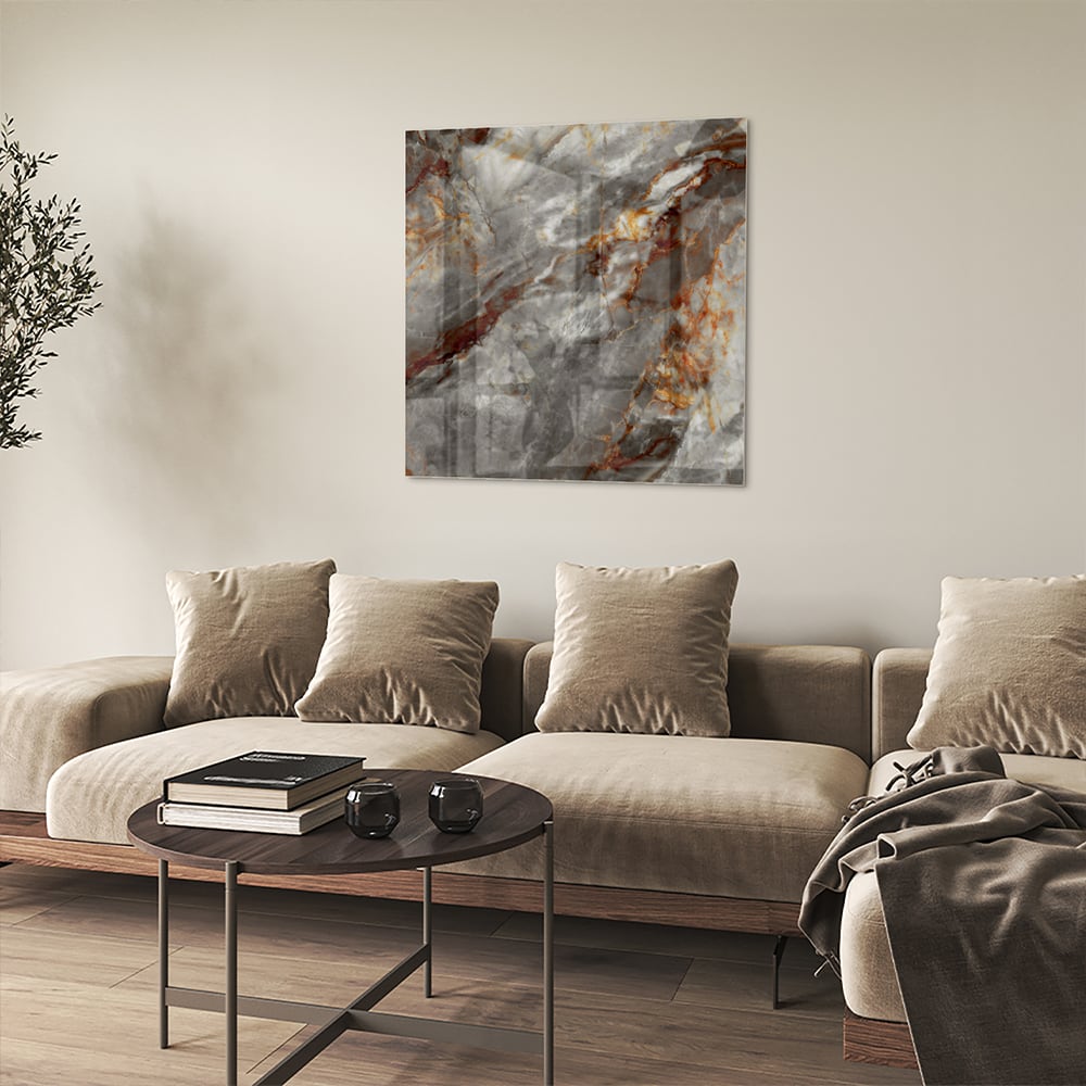 Glänzendes Glasbild mit Marmoroptik in Grau – Glasbild aus Sicherheitsglas, Größe 90x90_rond