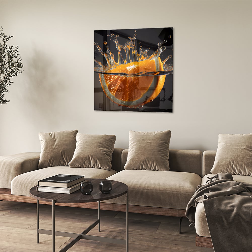 Dynamisches orangefarbenes Glasbild – Glasbild aus Sicherheitsglas, Größe 90x90_rond