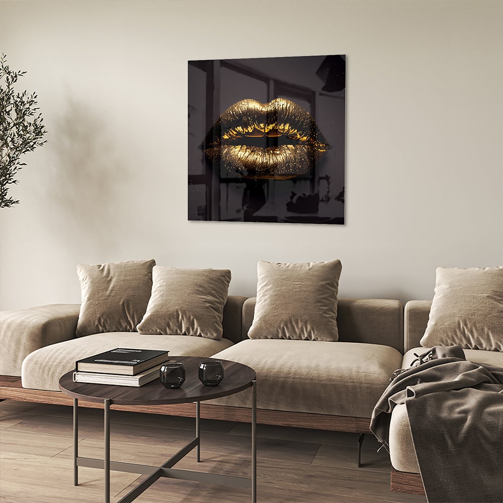 Glasbild mit goldenen Lippen für ein luxuriöses Interieur – Glasbild aus Sicherheitsglas, Größe 90x90_rond