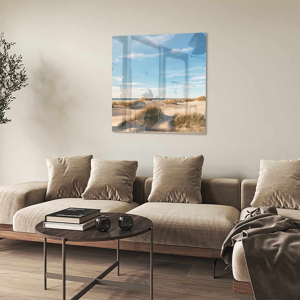 Glasbild mit Dünen und blauem Himmel – Glasbild aus Sicherheitsglas, Größe 90x90_rond