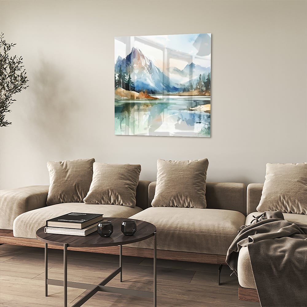 Glasbild mit Bergen und See im Aquarellstil – Glasbild aus Sicherheitsglas, Größe 90x90_rond