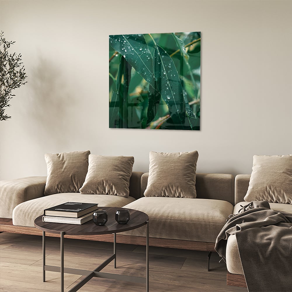 Glasbild mit grünen Blättern und Tautropfen – Glasbild aus Sicherheitsglas, Größe 90x90_rond