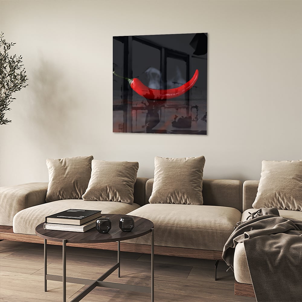 Glasbild – Tiefrote Paprika auf schwarzem Hintergrund – Glasbild aus Sicherheitsglas, Größe 90x90_rond