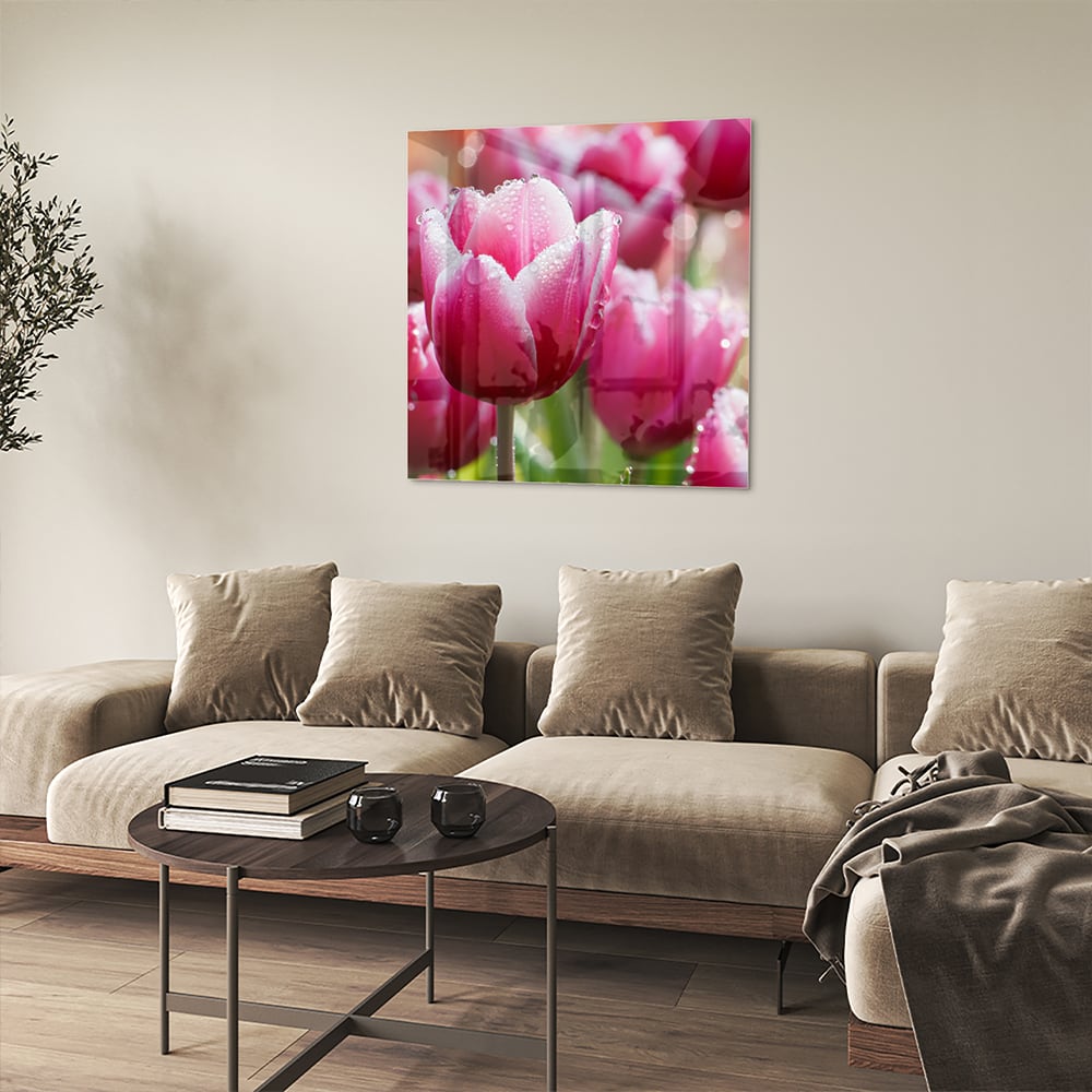 Glasbild mit bezaubernden rosa Tulpen – Glasbild aus Sicherheitsglas, Größe 90x90_rond